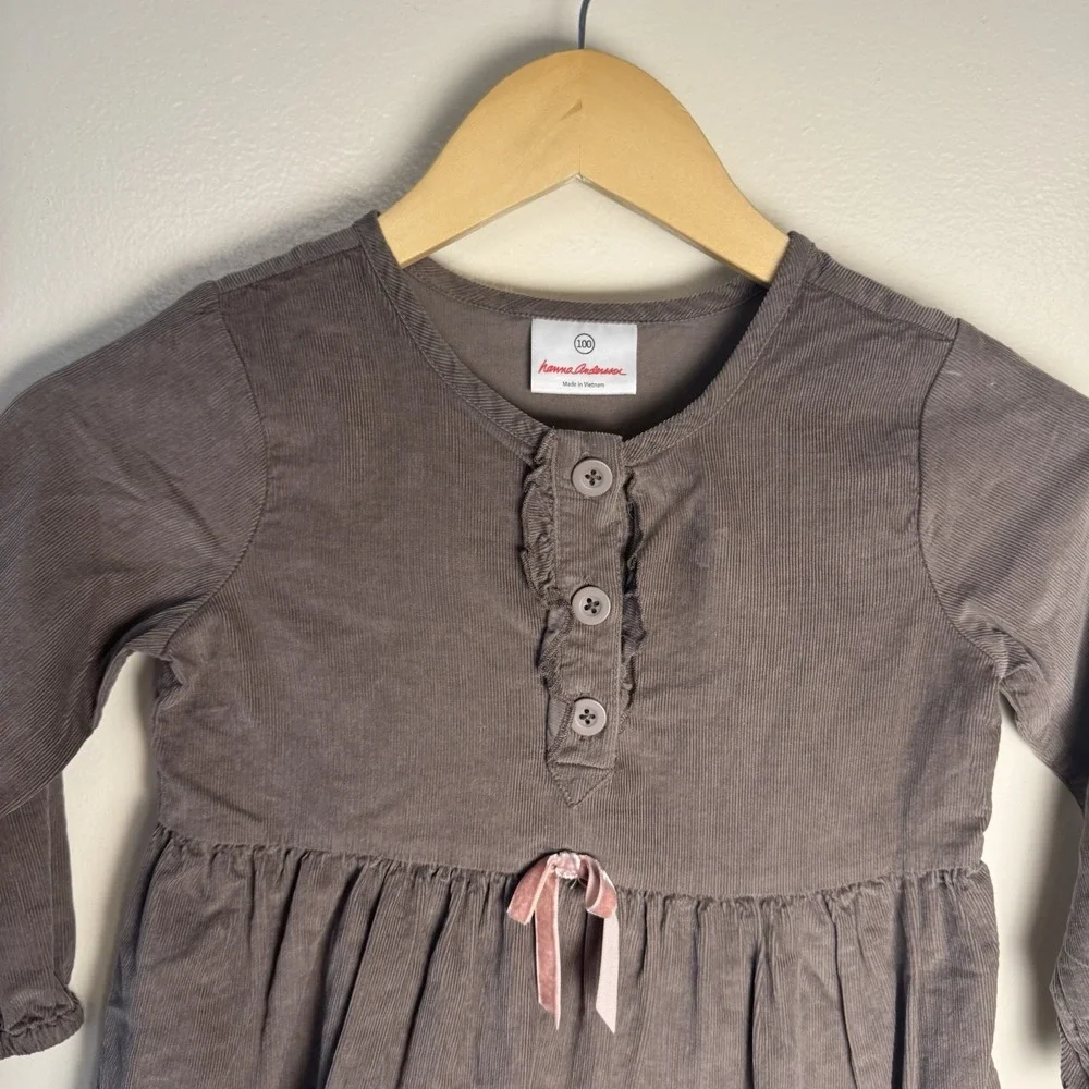 Hanna Andersson Gray Brown Corduroy Dress Girl Ruffled Long Sleeve Size 100 (3T) - Picture 2 of 7